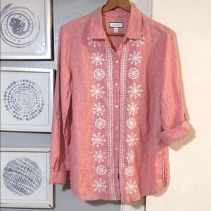Charter Club Women’s Red Linen Button Down Shirt with White Embroidery Size M